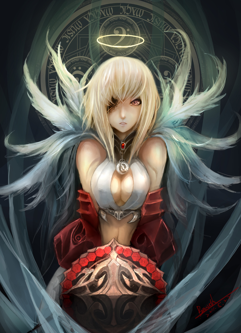 angel_wings bamuth bare_shoulders blonde_hair breasts cleavage_cutout copyright_request crop_top croptop eyepatch halo halterneck jewelry large_breasts midriff open_mouth pendant purple_eyes shield short_hair solo wings