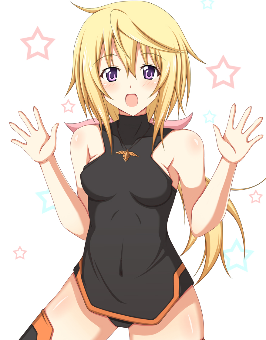 :d asakura_nagi blonde_hair bodysuit charlotte_dunois infinite_stratos leotard long_hair minatsuki_nao open_mouth outstretched_hand pilot_suit purple_eyes smile solo thigh-highs thighhighs violet_eyes