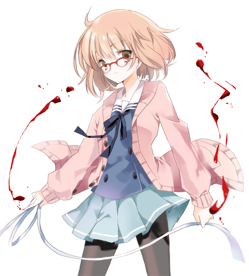 1girl ahoge bandages black_legwear blood blush brown_eyes cierra_(ra-bit) glasses jacket kuriyama_mirai kyoukai_no_kanata pantyhose pink_hair ribbon school_uniform short_hair simple_background skirt solo white_background