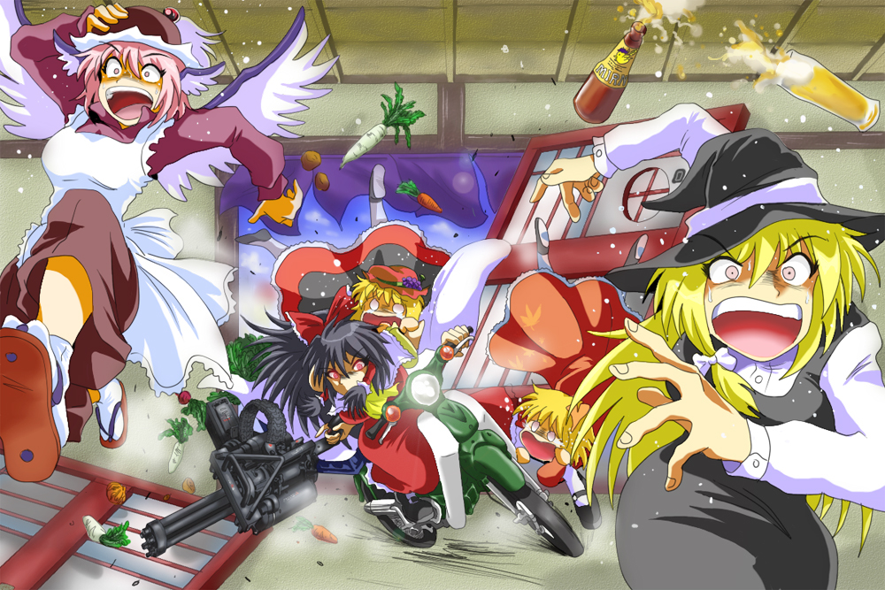 aki_minoriko aki_shizuha apron beer bird_wings black_hair bow carrot daikon dress food fruit gatling_gun glowing glowing_eyes grapes gun hair_bow hair_tubes hakurei_reimu hat honda_cub junkei kirisame_marisa motor_vehicle motorcycle multiple_girls mystia_lorelei panic panicking pink_hair red_eyes sandals touhou vegetable vehicle weapon what wings