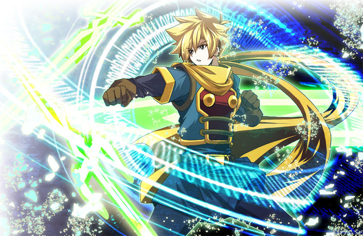 blonde_hair blue_eyes energy gloves golden_sun magic male mizuura robin_(golden_sun) scarf short_hair solo