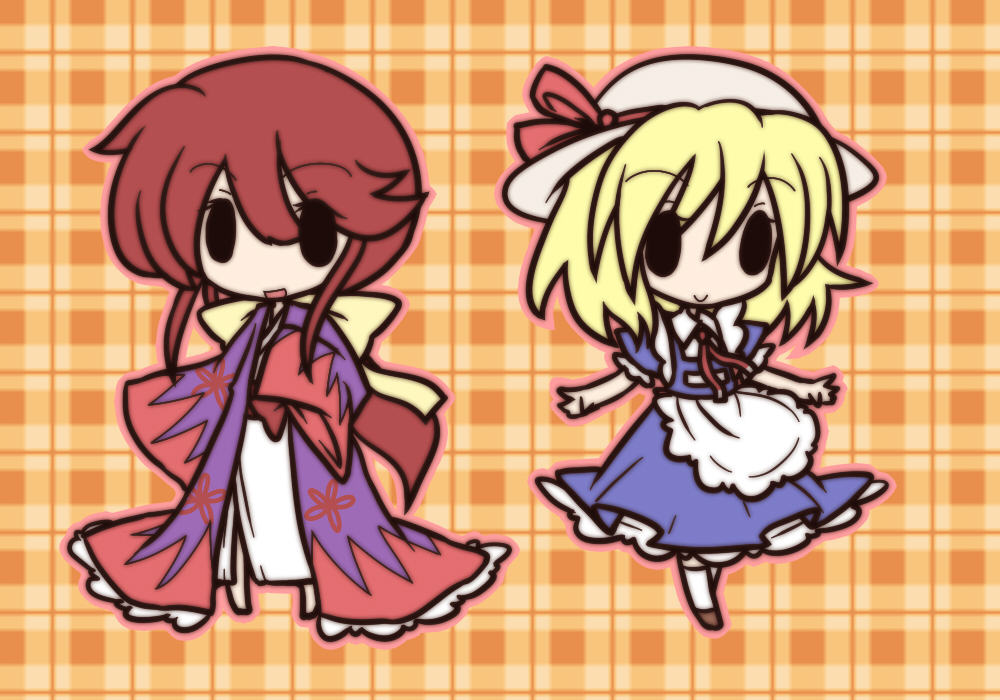 apron blonde_hair chibi dress fushigi_ebi hair_ribbon hat japanese_clothes kana_anaberal kotohime long_hair multiple_girls red_hair redhead ribbon short_hair touhou touhou_(pc-98)