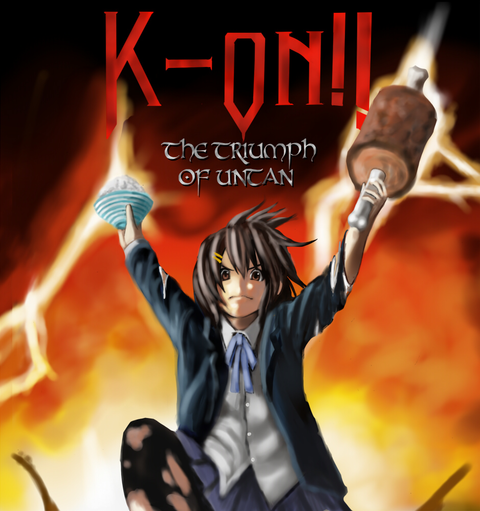 album_cover boned_meat brown_hair cover fire food hair_ornament hairclip hirasawa_yui k-on! lightning manowar meat metal pantyhose parody rice_bowl school_uniform solo torn_clothes watanore