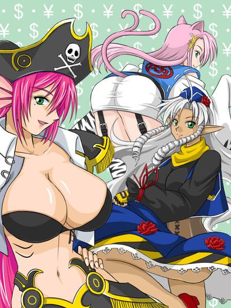 $ 3girls animal_ears anne_sirena ass breasts cat_ears cat_tail cleavage dorothy_mistral dress drill_hair green_eyes hair_ornament hat koma_(srw) large_breasts legs long_hair multiple_girls navel open_mouth pink_hair pointy_ears skull_and_crossbones super_robot_wars super_robot_wars_og_saga_mugen_no_frontier tail white_hair