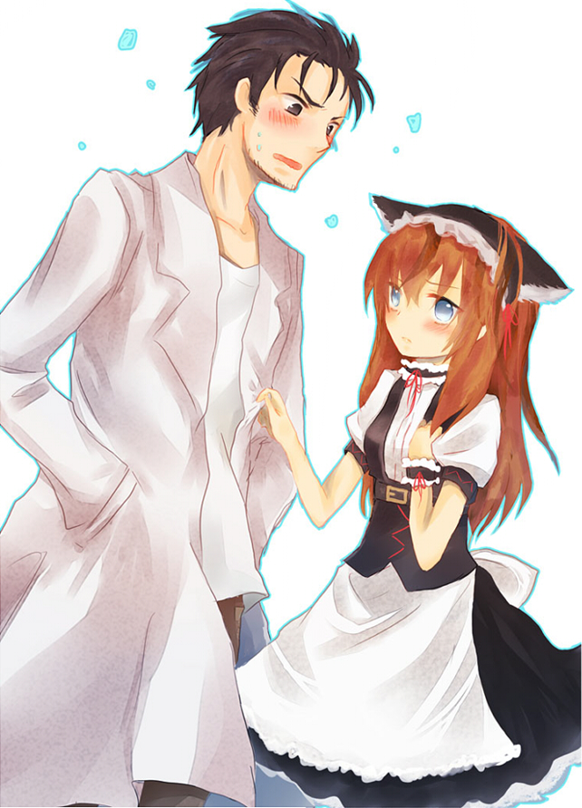 blue_eyes blush brown_hair faris_nyannyan_(cosplay) hand_in_pocket labcoat maid maid_headdress makise_kurisu okabe_rintarou shinoji shirt_tug steins;gate sweat