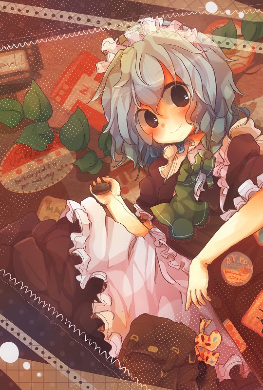 apron bag black_eyes blush braid chocolate izayoi_sakuya leaf maid maid_headdress nanahamu short_hair silver_hair solo touhou twin_braids