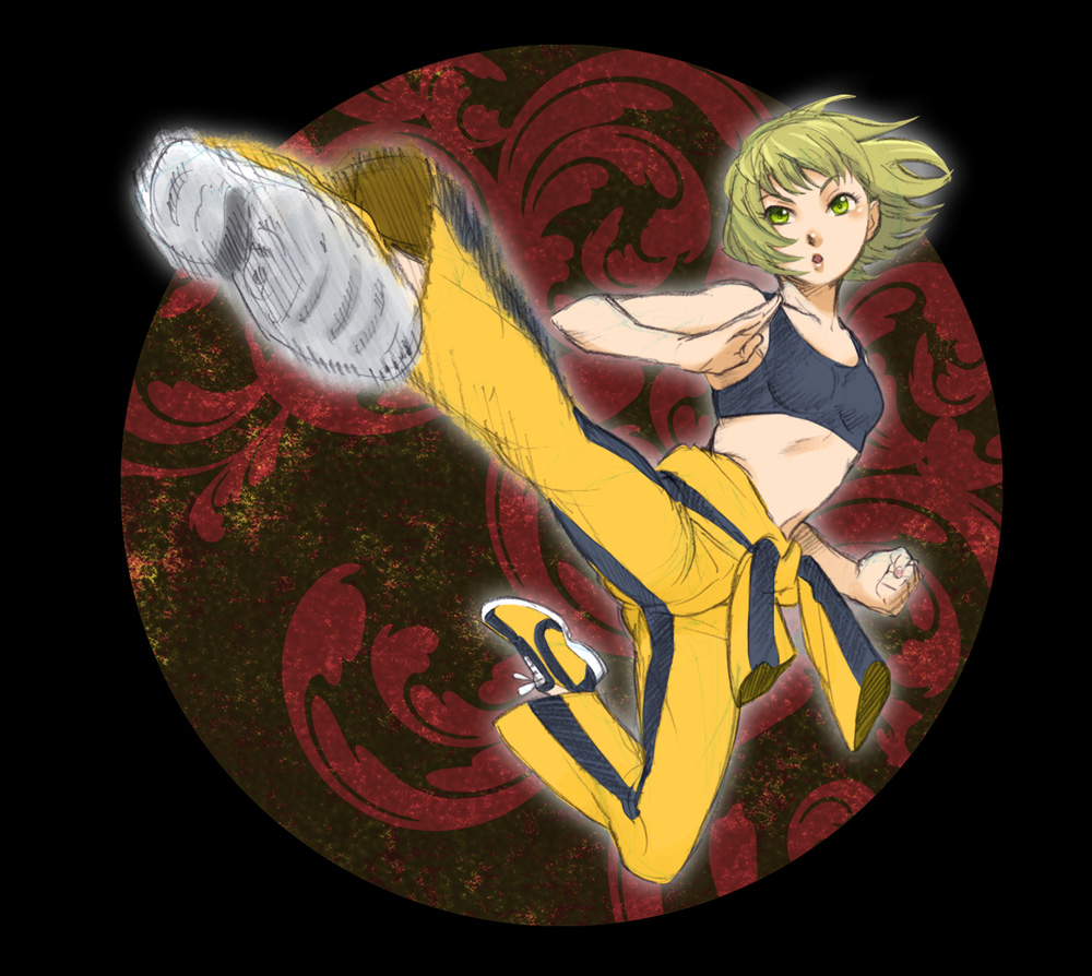 blonde_hair bra bruce_lee's_jumpsuit feet fighting_stance flying_kick green_eyes huang_baoling jumpsuit kicking lingerie paolin_huan pov_feet short_hair solo sports_bra tiger_&amp;_bunny tsushima_shuu underwear