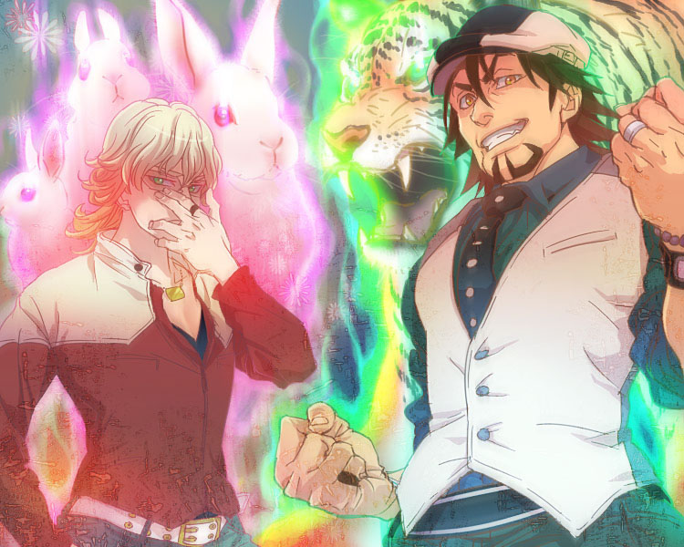 adjusting_glasses bad_id barnaby_brooks_jr belt blonde_hair bracelet brown_eyes brown_hair bunny cabbie_hat facial_hair glasses glowing green_eyes hat heart jewelry kaburagi_t_kotetsu male mamemo_(daifuku_mame) motion_blur multiple_boys necklace necktie rabbit ring short_hair stubble studded_belt tiger tiger_&amp;_bunny v-neck vest watch wedding_band wedding_ring wristwatch