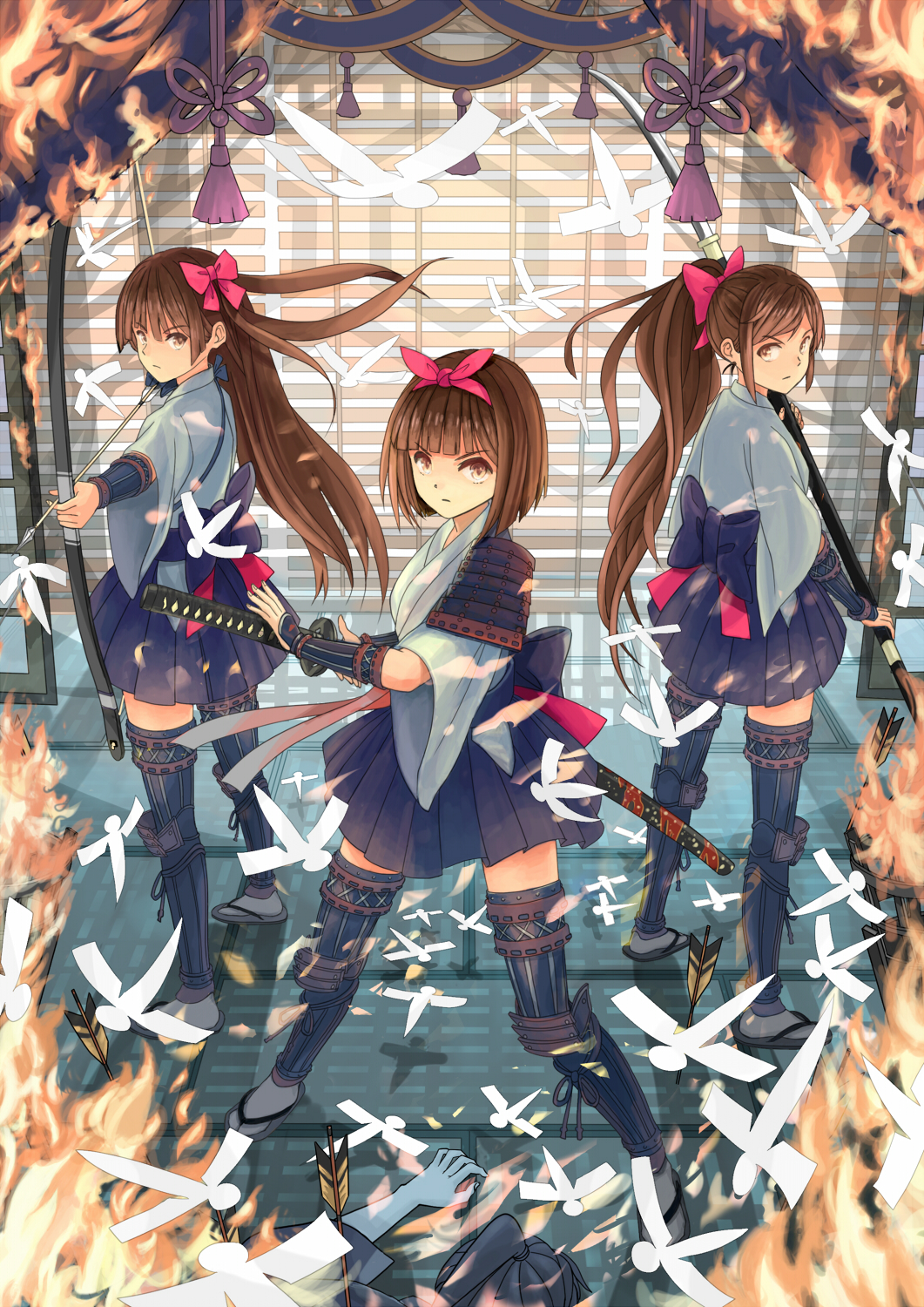 armor arrow boots bow box_sentou_shoujo brown_eyes brown_hair fire highres katana kote long_hair multiple_girls naginata original planted_arrow pleated_skirt polearm ponytail ready_to_draw samurai_armor short_hair skirt sode suya000 sword tatami thigh-highs thigh_boots thighhighs weapon zettai_ryouiki