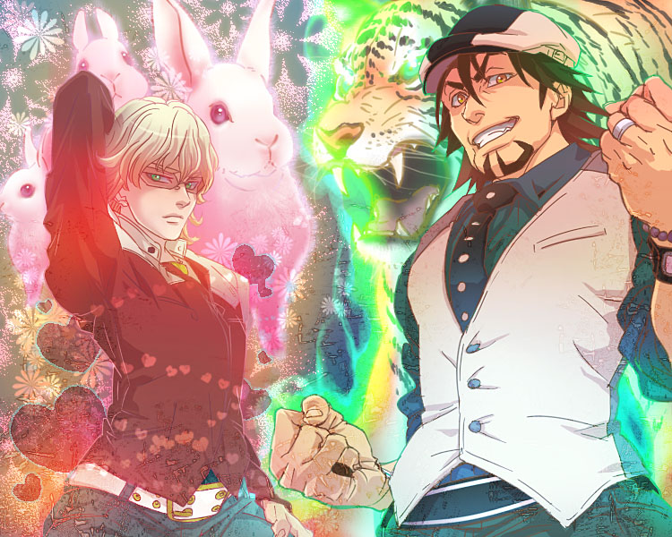 bad_id barnaby_brooks_jr belt blonde_hair bracelet brown_eyes brown_hair bunny cabbie_hat fabulous facial_hair glasses glowing green_eyes hat heart jewelry kaburagi_t_kotetsu male mamemo_(daifuku_mame) multiple_boys necklace necktie rabbit ring short_hair stubble studded_belt tiger tiger_&amp;_bunny v-neck vest watch wedding_band wedding_ring wristwatch