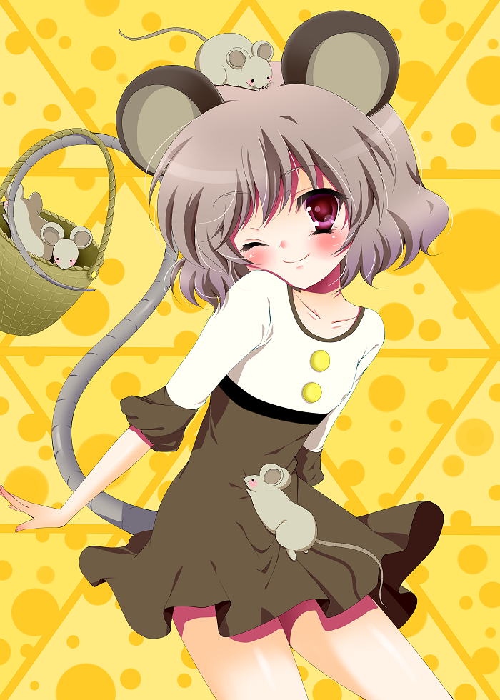 animal_ears animal_on_head casual green_hair momose_rin mouse mouse_ears mouse_tail nazrin red_eyes solo tail touhou wink