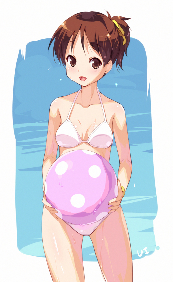 :d beachball bikini blush brown_eyes brown_hair halterneck hirasawa_ui k-on! open_mouth ponytail senji_(tegone_spike) short_hair smile solo swimsuit wet