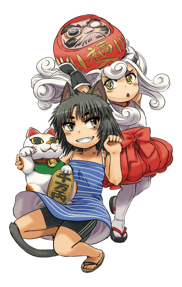 animal_ears bike_shorts black_hair cat_ears cat_tail daruma_doll doll dress ike_(altitude_attitude) japanese_clothes koma_(neko_musume_michikusa_nikki) kurona_(neko_musume_michikusa_nikki) maneki_neko miko multiple_girls neko_musume_michikusa_nikki sandals sundress tail transparent_background white_hair white_legwear yellow_eyes