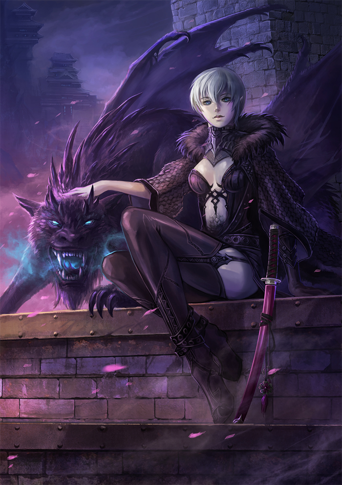 boots gargoyle original sandara short_hair solo sword thigh-highs thigh_boots thighhighs weapon white_hair