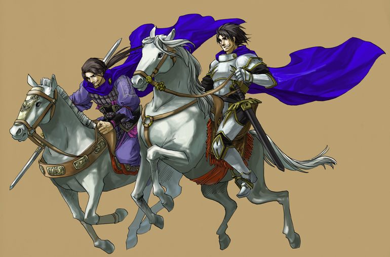 armor barding black_hair boots brown_background cao_pi cape character_request chickenb crossover gauntlets gensou_suikoden gensou_suikoden_ii gloves greaves grin horse horseback_riding long_hair luca_blight male multiple_boys ponytail saddle sangoku_musou scabbard sheath shin_sangoku_musou simple_background smile suikoden suikoden_ii sword weapon