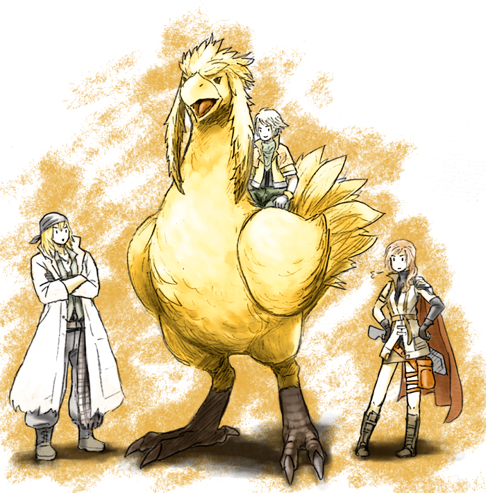 agakunoda cape chocobo final_fantasy final_fantasy_xiii hope_estheim lightning_farron miniskirt multiple_boys pink_hair silver_hair skirt snow_villiers trench_coat