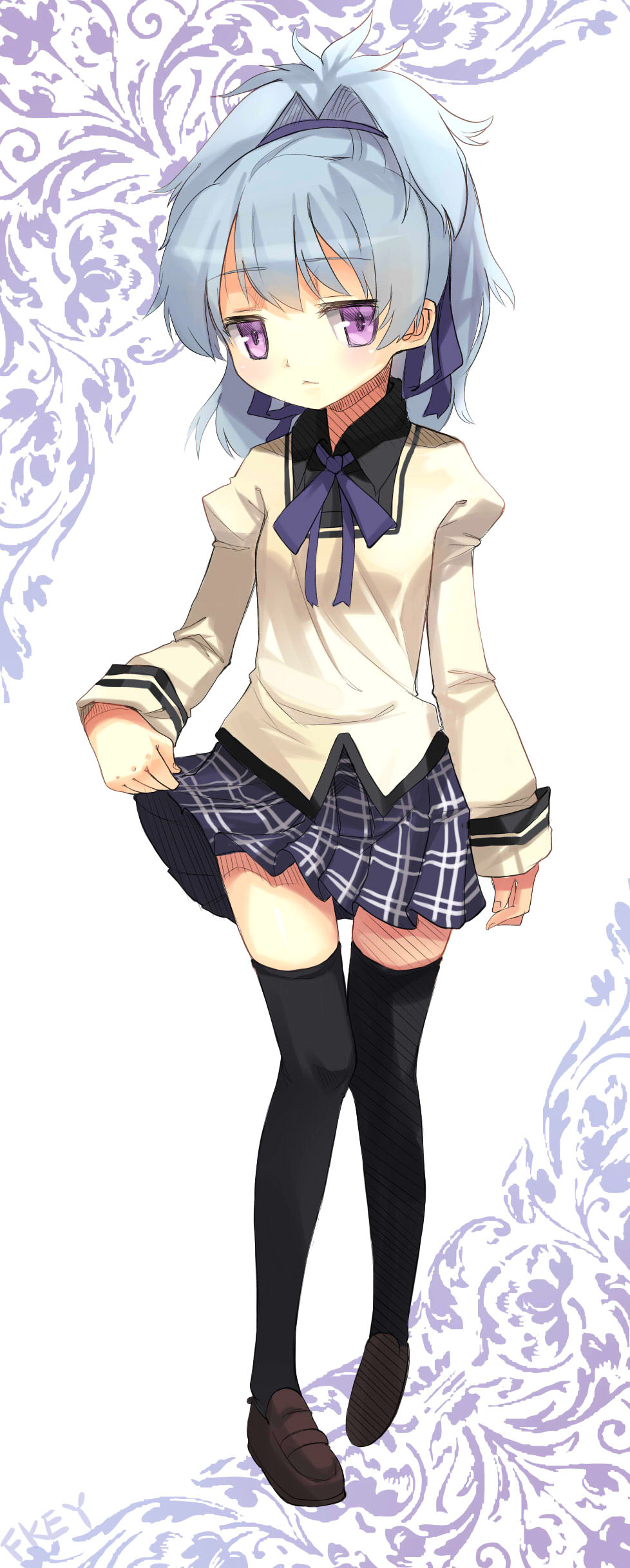 bad_id black_legwear blush darker_than_black expressionless fkey hair_ornament highres jpeg_artifacts loafers plaid plaid_skirt ponytail purple_eyes school_uniform shoes silver_hair skirt solo tartan thigh-highs thighhighs violet_eyes yin young zengxianxin zettai_ryouiki