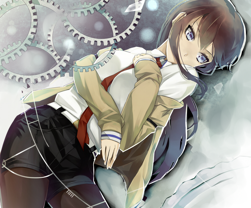 brown_hair gears kibamigohann legwear_under_shorts long_hair makise_kurisu necktie pantyhose short_shorts shorts solo steins;gate