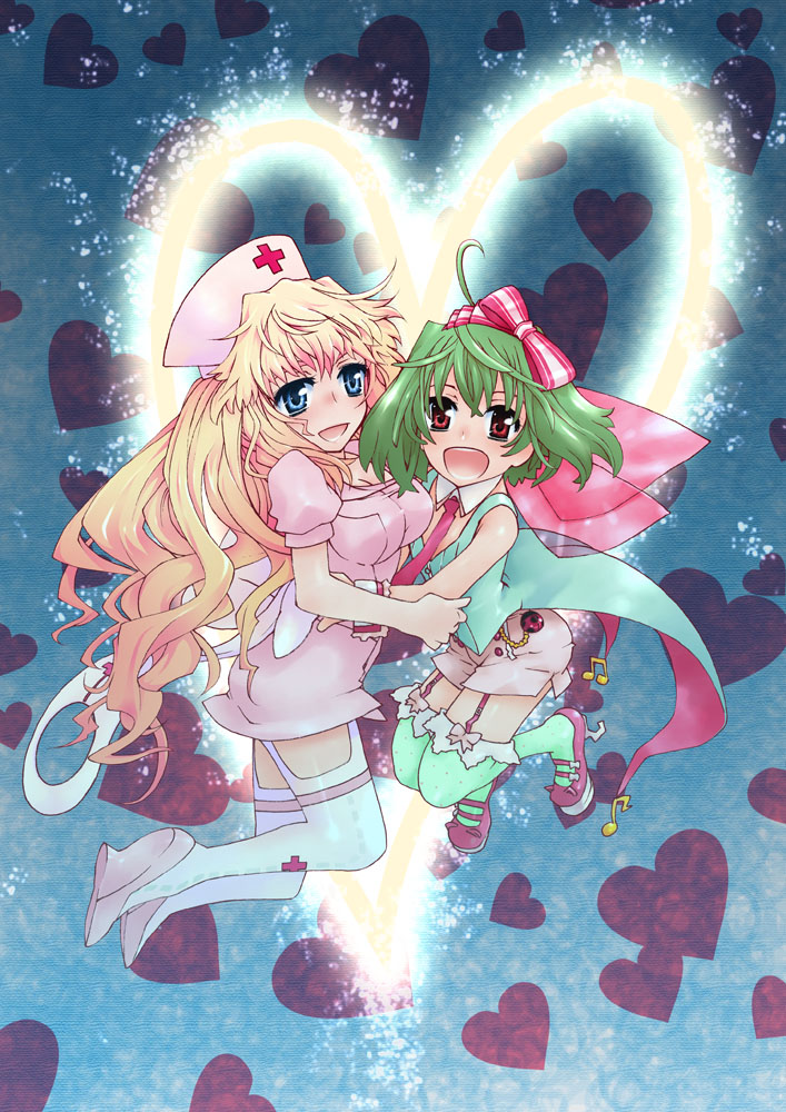 blonde_hair blue_eyes blush garter_straps garters green_hair hat hoshino_kouichirou hug jumping long_hair macross macross_frontier multiple_girls necktie nurse nurse_cap open_mouth ranka_lee red_eyes sheryl_nome short_hair shorts smile thigh-highs thighhighs white_legwear