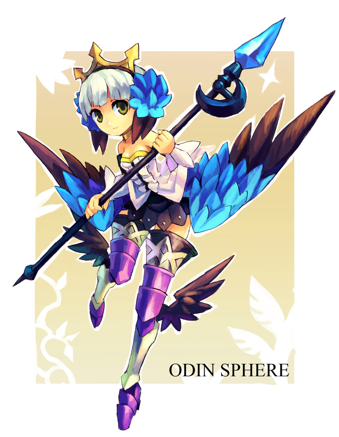 armor armored_dress bare_shoulders boots breasts chingisu cleavage crown green_eyes gwendolyn hair_ornament odin_sphere polearm short_hair simple_background solo spear thigh-highs thigh_boots thighhighs title_drop weapon wings yellow_background