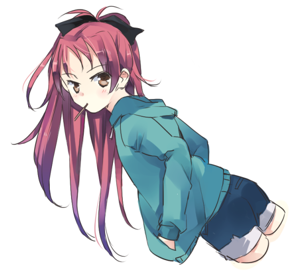 blush bow brown_eyes dutch_angle hair_bow hair_ornament hand_in_pocket hands_in_pockets hooded_jacket kimino_tomonari long_hair looking_back mahou_shoujo_madoka_magica mouth_hold pocky ponytail red_hair sakura_kyouko shorts solo