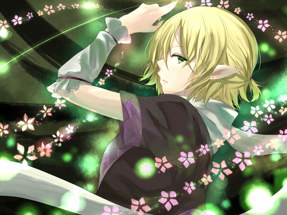arm_up arm_warmers bad_id blonde_hair bust danmaku flower green_eyes mizuhashi_parsee pointy_ears profile scarf short_hair solo touhou ume_(plumblossom)