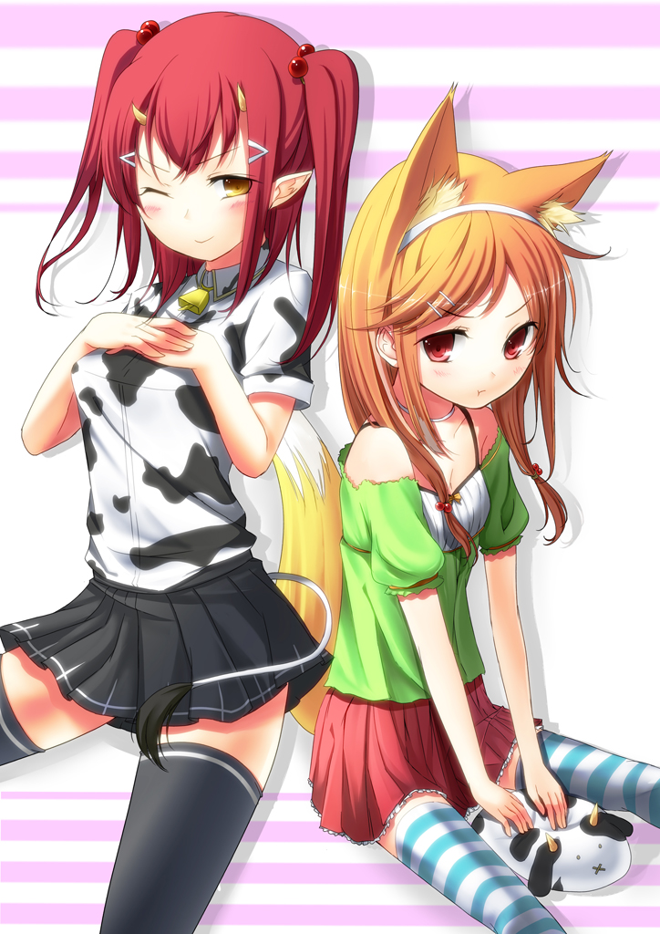 :t animal_ears bad_id bare_shoulders bell black_legwear blonde_hair blush breasts choker cleavage cow cow_bell cow_girl cow_tail duo flat_chest fox_tail hair_bobbles hair_ornament hairband hairclip horns multiple_girls original red_eyes red_hair redhead sitting skirt smile striped striped_legwear tail tanakahazime thigh-highs thighhighs twintails wink zettai_ryouiki