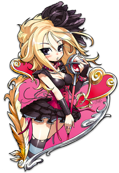 blonde_hair blush breasts cleavage collar corset dragon_quest dragon_quest_swords hair_ornament jewelry ring setia skirt solo staff striped striped_legwear striped_thighhighs thighhighs