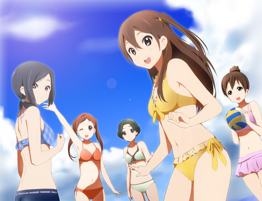 arm_up ball beachball bikini black_hair brown_eyes brown_hair cloud clouds extra hatasuke k-on! lens_flare long_hair multiple_girls nakanishi_toshimi navel open_mouth ponytail saeki_mika satou_akane short_hair skirt sky smile swimsuit taki_eri twintails volleyball wajima_maki