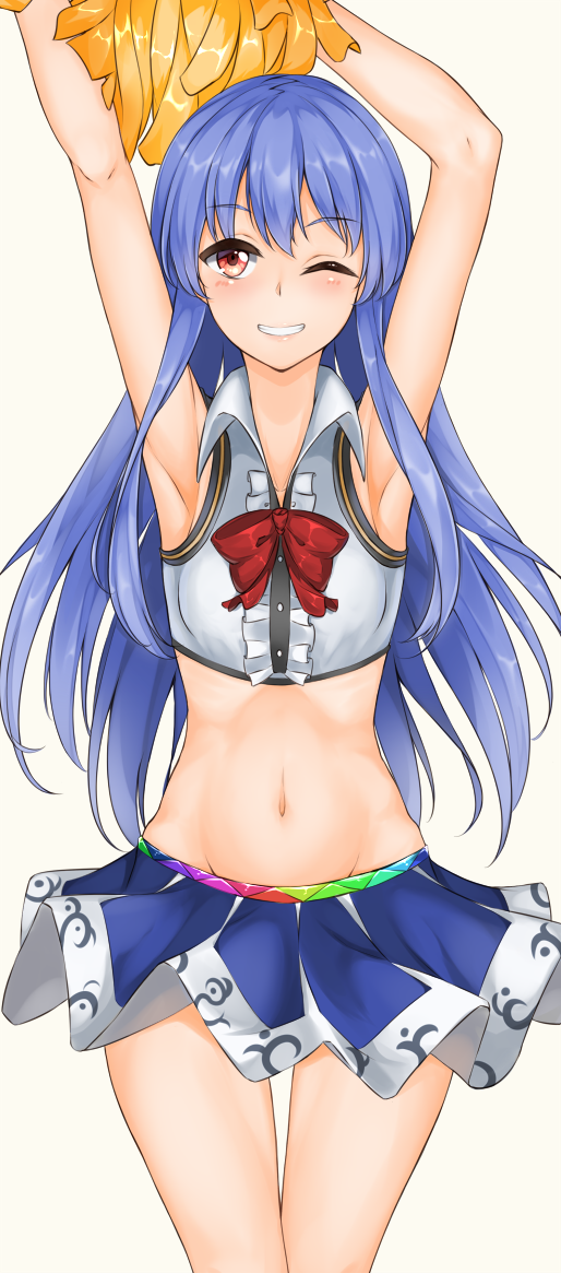 1girl ;) adapted_costume armpits arms_up blue_hair blush cheerleader hinanawi_tenshi long_hair looking_at_viewer midriff momo_retasu navel one_eye_closed pom_poms red_eyes simple_background smile solo touhou white_background