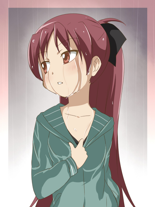 bow bust hair_bow hoodie ikari_manatsu long_hair looking_away mahou_shoujo_madoka_magica ponytail rain red_eyes red_hair redhead sakura_kyouko solo tears wet wet_clothes wet_hair