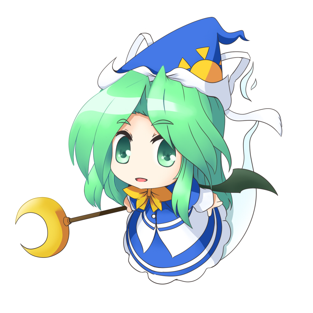 blue_dress bowtie chibi crescent dress ghost ghost_tail green_eyes green_hair hat long_hair mima musashino_udon open_mouth solo staff touhou touhou_(pc-98) wings wizard_hat
