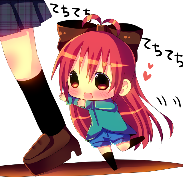 bow chibi chocolat_(momoiro_piano) hair_bow heart hina_hina legs mahou_shoujo_madoka_magica minigirl open_mouth red_eyes running sakura_kyouko shirt shorts sweat translated translation_request