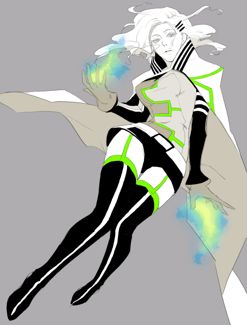 breasts cape cloak fire formal garter_straps genderswap green_fire green_flame hair_ornament hairclip high_heels l102016695 large_breasts long_hair lunatic_(tiger_&amp;_bunny) shoes spoilers suit thigh-highs thigh_boots thighhighs tiger_&amp;_bunny wavy_hair white_hair yuri_petrov