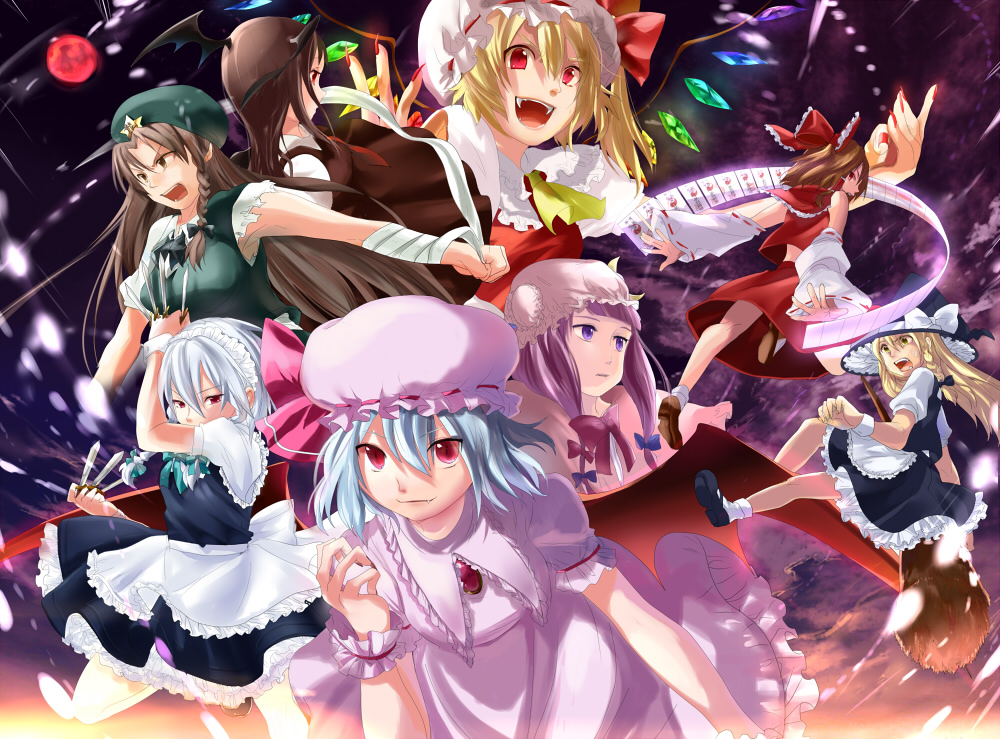 :d alternate_eye_color alternate_hair_color apron ascot bad_id bandage bandages bare_shoulders bat_wings between_fingers blonde_hair blue_hair bow braid broom broom_riding brown_eyes brown_hair crescent detached_sleeves dress fang fangs fighting_stance fingernails flandre_scarlet frills hair_bow hair_ribbon hakurei_reimu hat head_wings hong_meiling izayoi_sakuya kirisame_marisa knife koakuma large_bow long_fingernails long_hair looking_back maid maid_headdress midriff miko moon multiple_girls nail_polish necktie ofuda open_mouth patchouli_knowledge pink_dress purple_eyes purple_hair red_eyes red_moon remilia_scarlet ribbon short_hair side_ponytail silver_hair skirt smile star the_embodiment_of_scarlet_devil throwing_knife torn_clothes touhou twin_braids ume_(plumblossom) vest violet_eyes waist_apron weapon wings witch witch_hat wrist_cuffs yellow_eyes