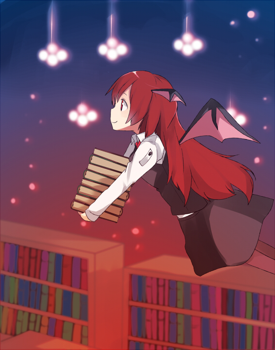 ayase08 bad_id bat_wings book bookshelf buttons carrying flying koakuma library long_hair long_sleeves necktie pantyhose profile pun2 red_eyes red_hair redhead shelf skirt smile solo the_embodiment_of_scarlet_devil touhou vest voile wings