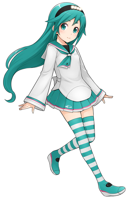 green_eyes green_hair ha-ru hairband long_hair original school_uniform serafuku short_eyebrows simple_background skirt smile solo striped striped_legwear striped_thighhighs thigh-highs thighhighs zettai_ryouiki