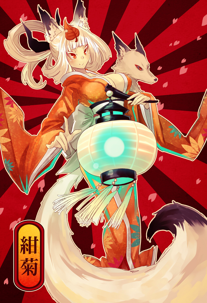 bad_id fox fox_ears japanese_clothes kimono kongiku lantern oboro_muramasa oboro_muramasa_youtouden ochakai_shinya tail