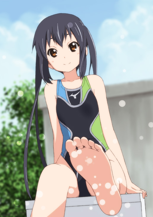 arm_support barefoot black_hair brown_eyes competition_swimsuit errant feet foreshortening k-on! long_hair mizuno nakano_azusa one-piece_swimsuit pov sitting smile soles solo splash splashing swimsuit twintails