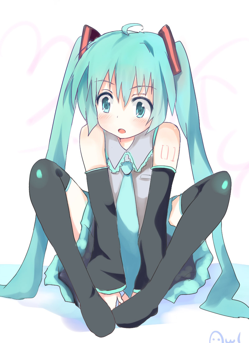 ahoge aqua_eyes aqua_hair awl bad_id detached_sleeves hatsune_miku long_hair necktie open_mouth skirt solo thigh-highs thighhighs to_aru_awl twintails very_long_hair vocaloid