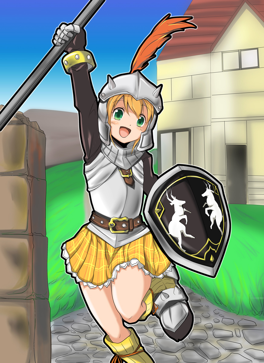:d arm_up armor armored_dress belt blonde_hair boots bracelet cecile cecile_(suikoden) deer dress feathers gensou_suikoden gensou_suikoden_iii gloves green_eyes happy helmet highres house jewelry knight mukuroi open_mouth orange_dress raised_arm shield short_hair sky smile solo suikoden