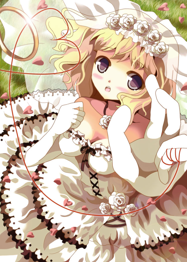 alice_margatroid bare_shoulders blonde_hair blue_eyes blush breasts cleavage dress elbow_gloves female flower flower_necklace frills gloves grass hand_on_own_chest hand_to_chest hazakura_satsuki heart jewelry necklace open_mouth outstretched_hand petals red_string rose rose_petals short_hair shoulderless_dress solo strapless_dress string touhou veil wedding_dress white_dress white_gloves white_rose