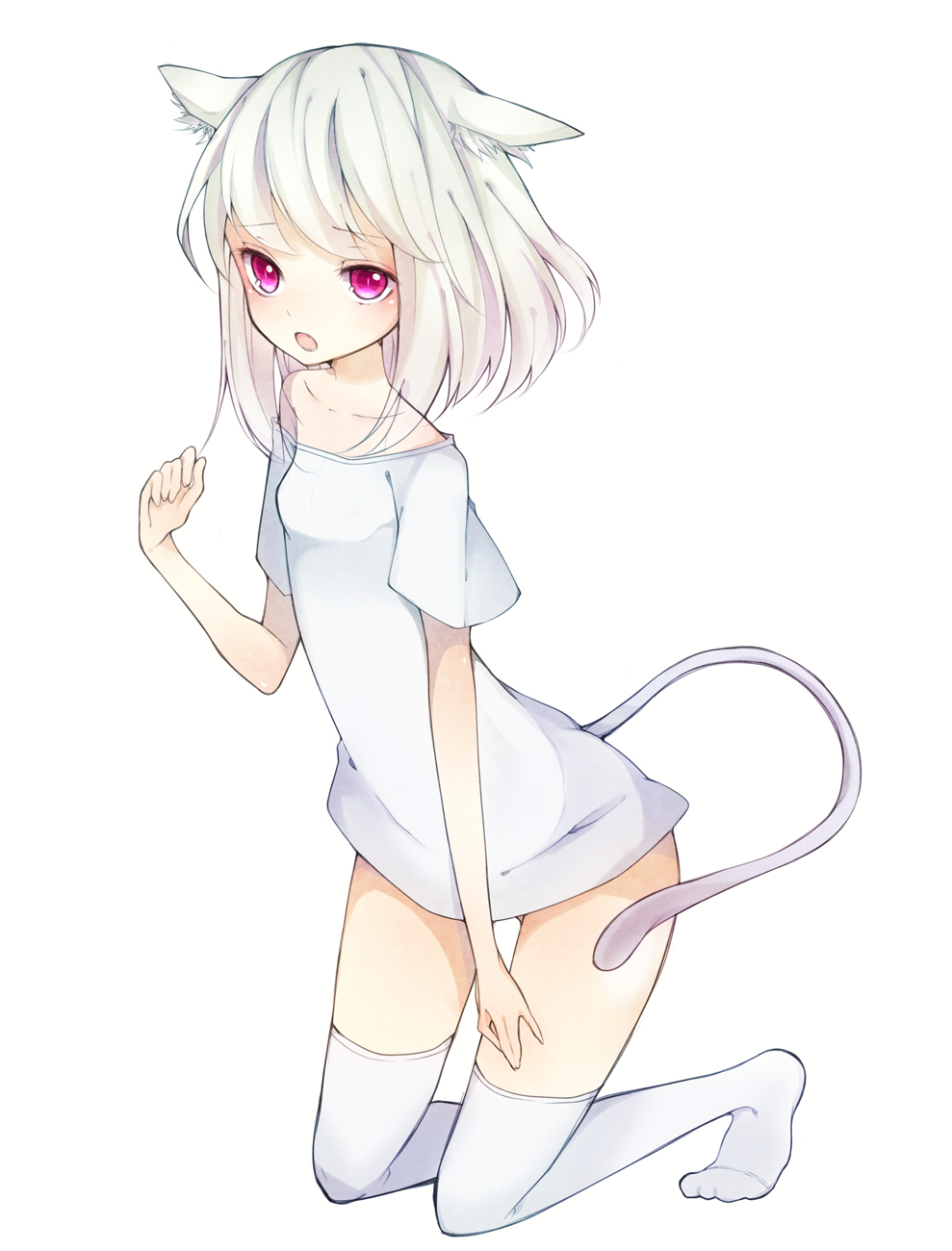 animal_ears bare_shoulders bottomless cat_ears cat_tail catgirl chico152 female highres kneeling off_shoulder open_mouth original pink_eyes red_eyes simple_background solo t-shirt tail thigh-highs thighhighs white_background white_hair white_legwear zettai_ryouiki