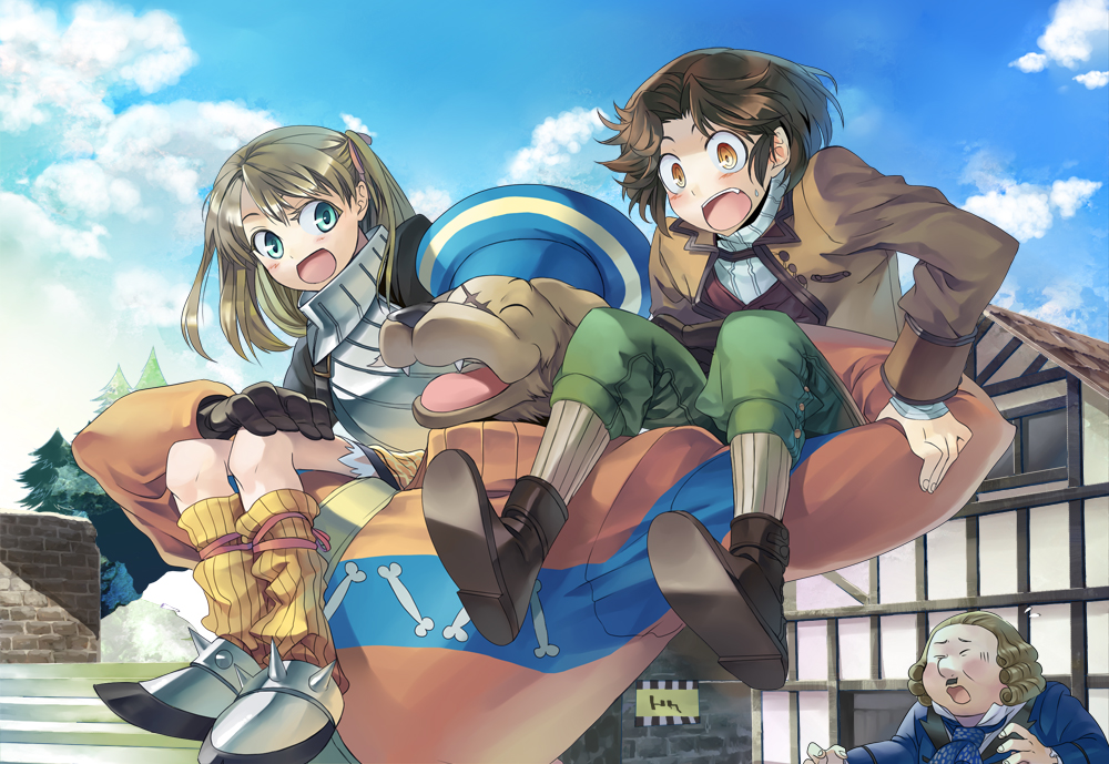 armor boots brown_eyes brown_hair brown_legwear bun-o carrying cecile cecile_(suikoden) closed_eyes gensou_suikoden gensou_suikoden_iii green_eyes happy hat house knight long_hair muto_(suikoden) open_mouth sebastien_(suikoden) shoes shoulder_carry sitting_on_shoulder sky suikoden suikoden_iii surprised thomas tree vertical-striped_legwear vertical_stripes
