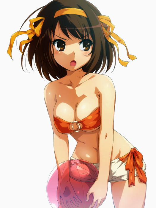 &gt;:o :o annoyed ball bandeau bandeau_bikini beachball bikini bikini_shorts bikini_top breasts brown_eyes brown_hair cleavage female hair_ribbon hairu hips mound_of_venus navel o-ring_top open_mouth ribbon serious short_hair short_shorts shorts simple_background solo strapless strapless_bikini strapless_swimsuit suzumiya_haruhi suzumiya_haruhi_no_yuuutsu swimsuit tubetop white_background