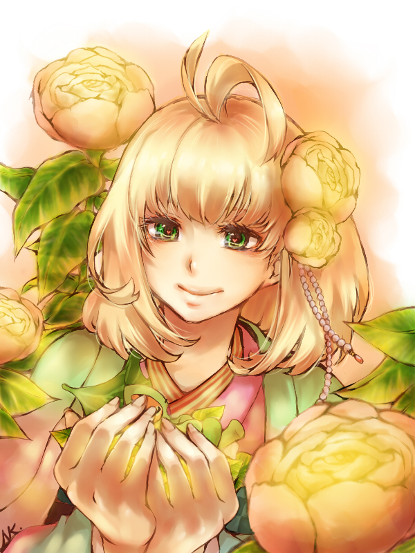 ao_no_exorcist blonde_hair flower green_eyes hair_flower hair_ornament hands_together heart japanese_clothes kimono leaf moriyama_shiemi natsukichi nii_(ao_no_exorcist) short_hair smile