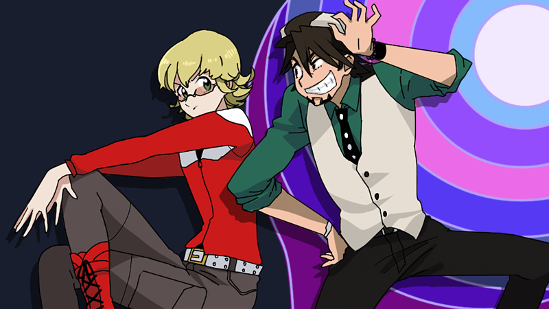 babuix barnaby_brooks_jr belt blonde_hair bracelet brown_hair cabbie_hat crossed_legs cutie_honey facial_hair glasses green_eyes hat jewelry kaburagi_t_kotetsu legs_crossed male mochizuki_anko multiple_boys necktie parody re:_cutie_honey short_hair sitting stubble studded_belt tiger_&amp;_bunny vest watch wristwatch