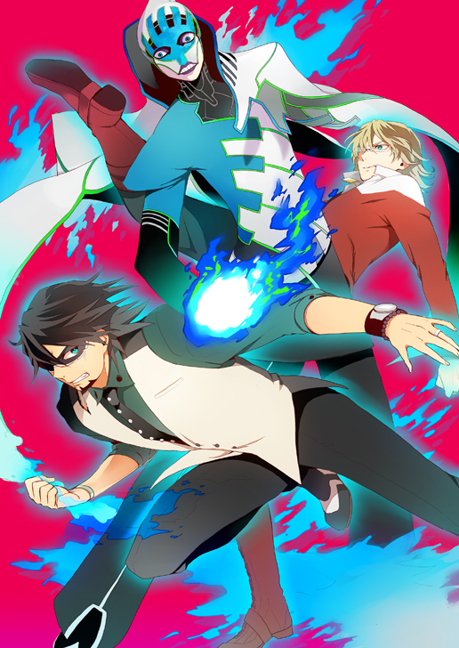 aqua_eyes barnaby_brooks_jr bellbottoms blonde_hair blue_fire blue_flame boots bracelet brown_eyes brown_hair cabbie_hat cape facial_hair fighting fire glasses glowing green_eyes hat jacket jewelry kaburagi_t_kotetsu lunatic_(tiger_&amp;_bunny) male mask multiple_boys red_jacket short_hair stubble tiger_&amp;_bunny trocco vest watch wristwatch