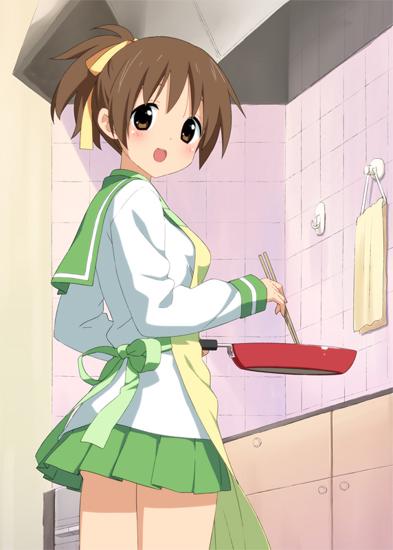 bad_id brown_eyes brown_hair chopsticks frying_pan hirasawa_ui k-on! looking_back peko pepepe ponytail school_uniform serafuku short_hair