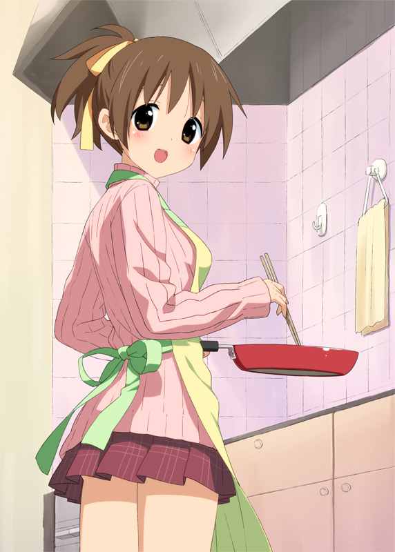 1girl apron bad_id blush brown_eyes brown_hair casual chopsticks frying_pan hirasawa_ui k-on! looking_back open_mouth peko pepepe ponytail short_hair skirt smile solo sweater